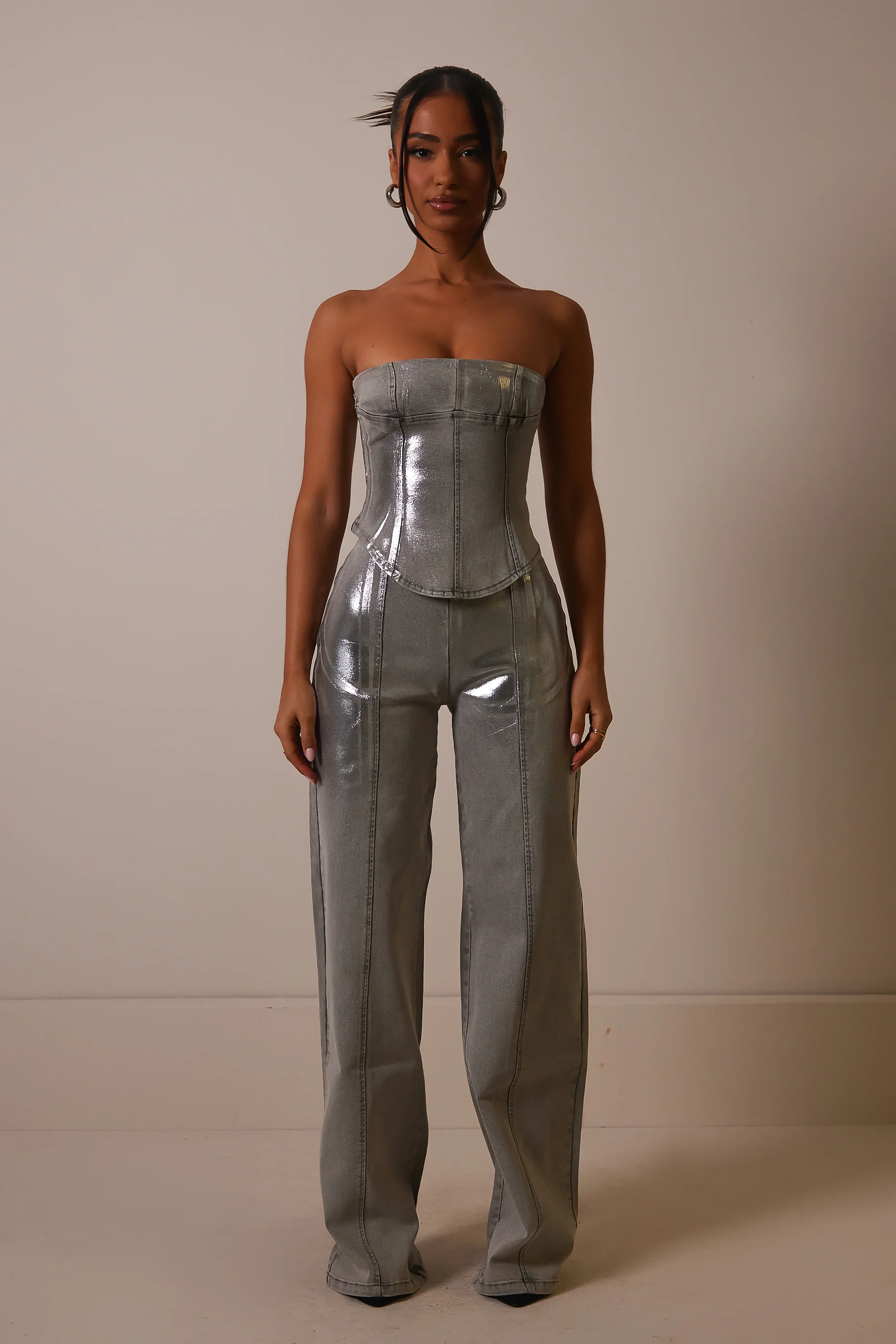 The Silver Detail Distress Denim Corset in Grey Wash - Image 4