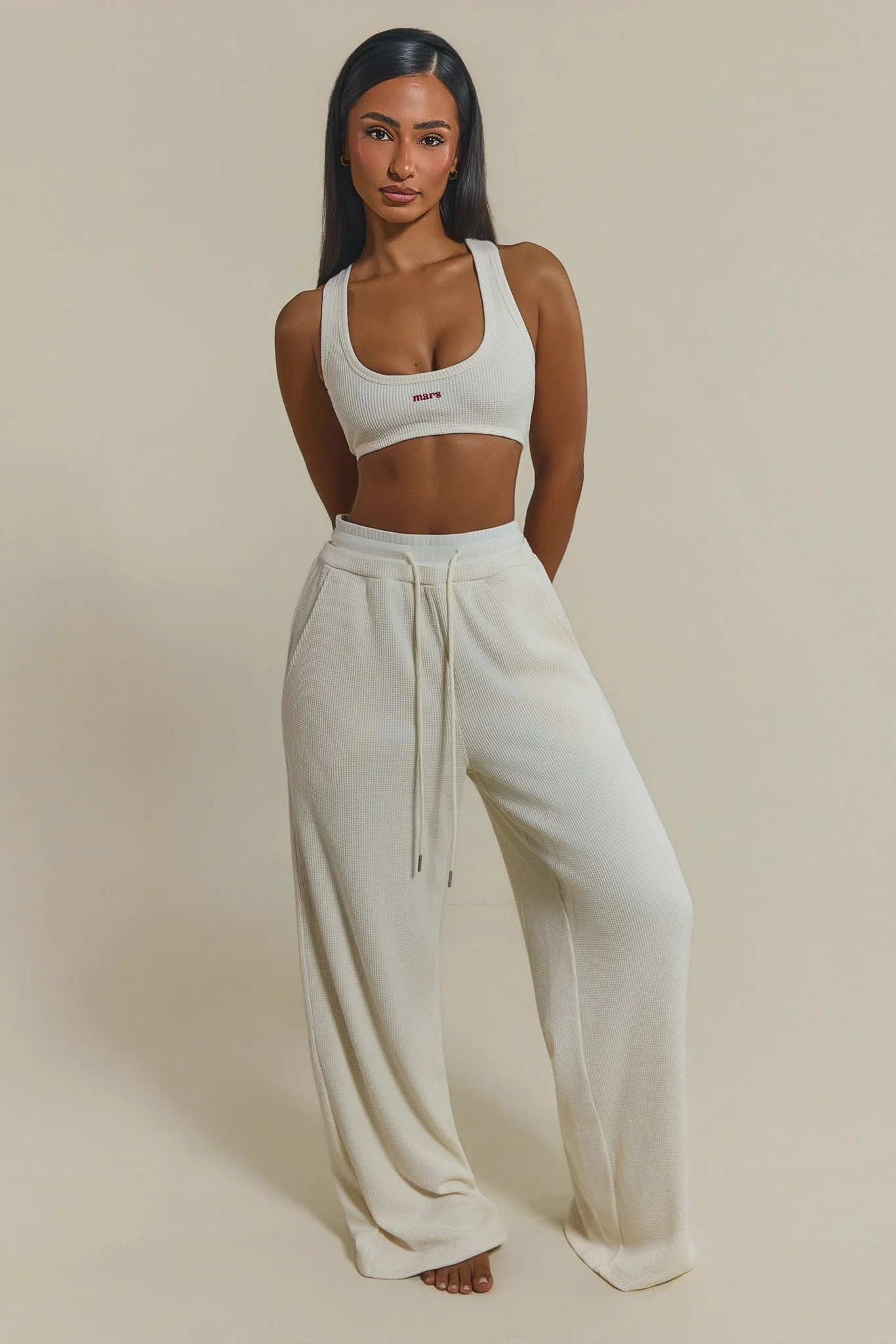 The Waffle Oversized Wide Leg Joggers in Cream