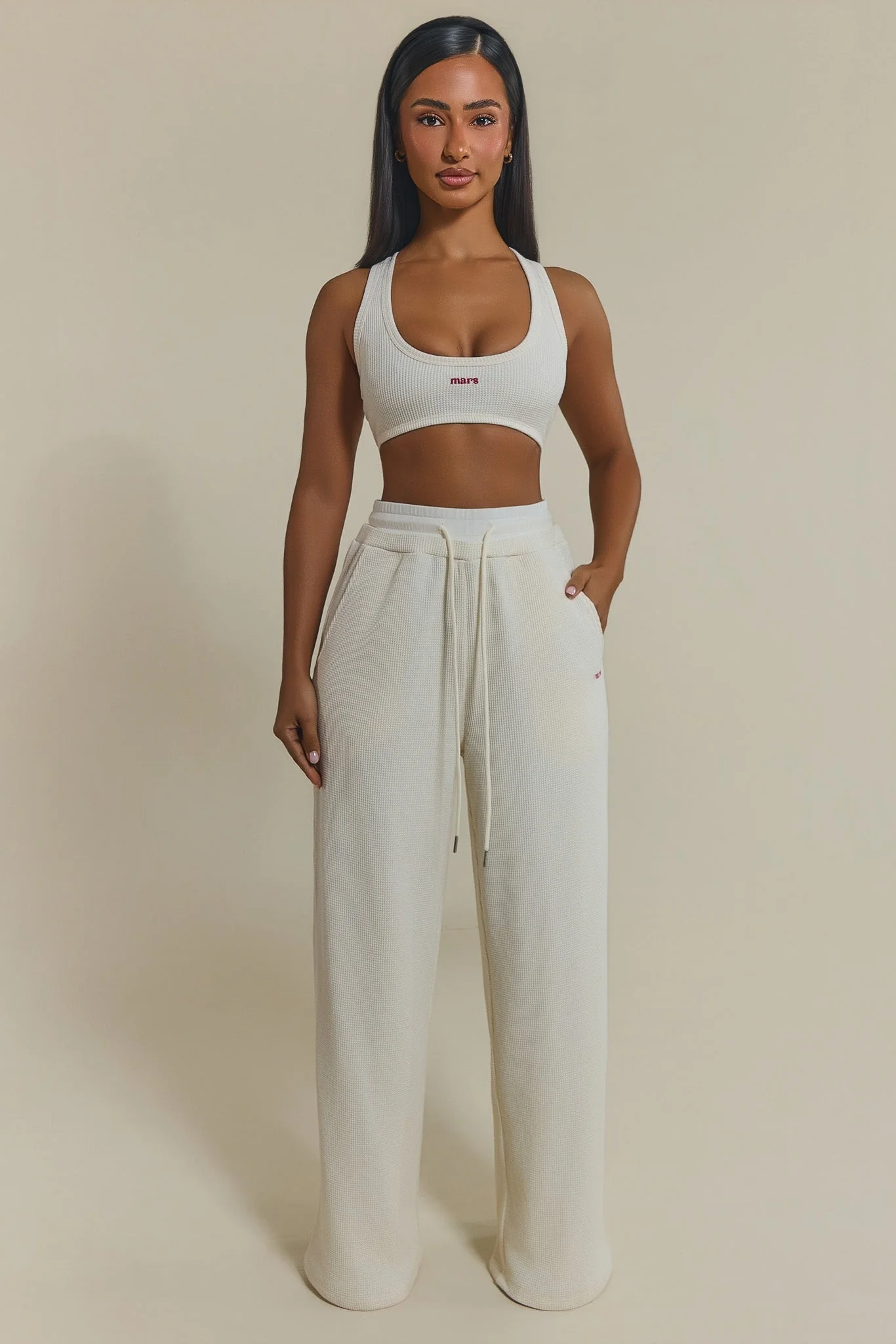 The Waffle Oversized Wide Leg Joggers in Cream - Image 2