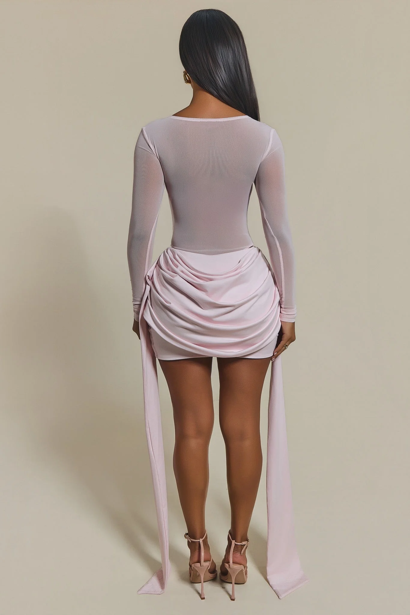 The Yara Long Sleeve Mesh Bodysuit in Baby Pink - Image 5