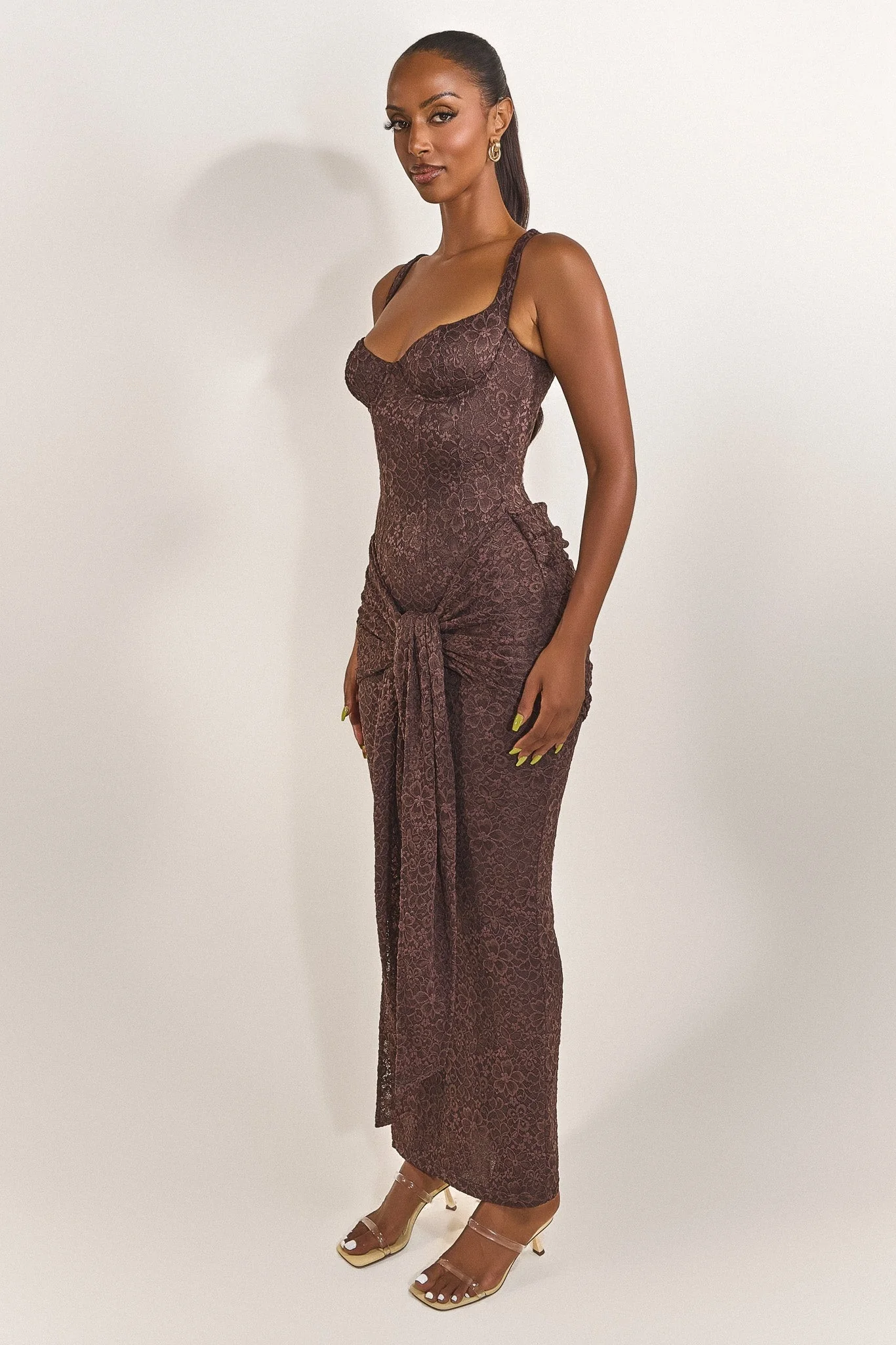 The Tie Front Maxi Dress in Brown - Image 4