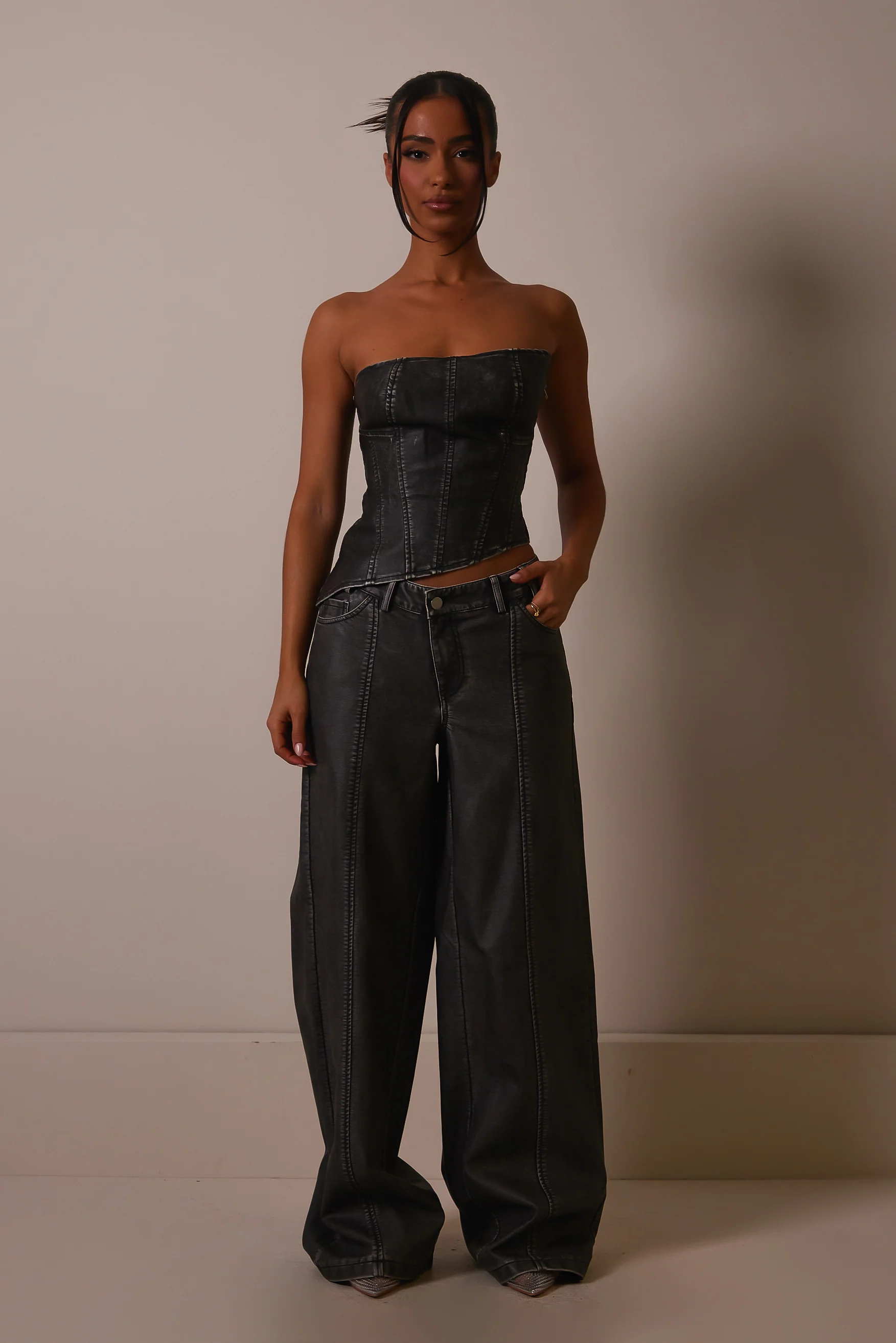The Distress Wash Asymmetric Leather Corset in Dark Wash - Image 2