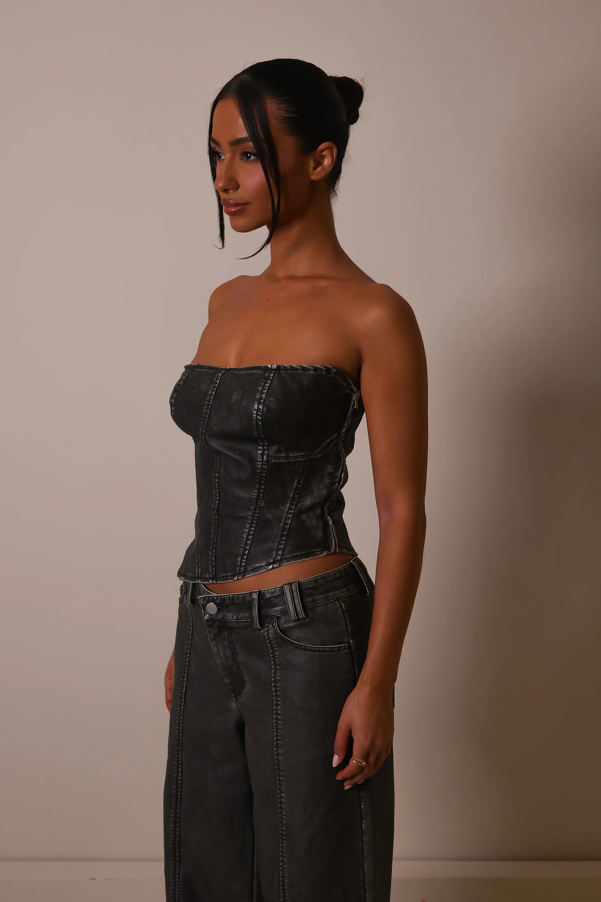 The Distress Wash Asymmetric Leather Corset in Dark Wash - Image 5