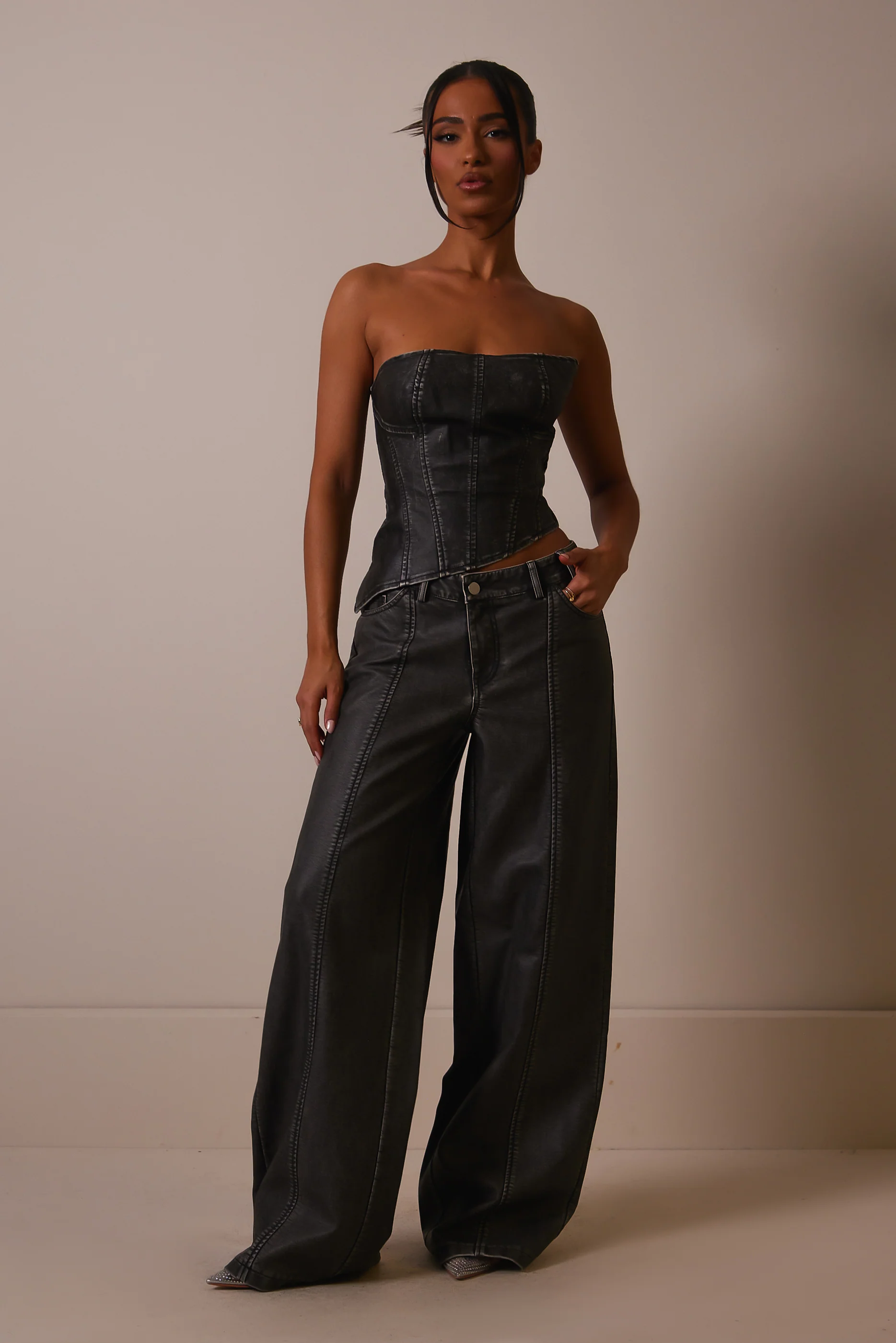 The Distress Wash Asymmetric Leather Corset in Dark Wash - Image 7